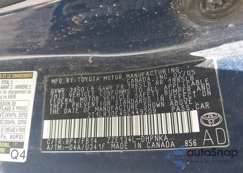 2005 Toyota Matrix Xr from USA, damaged, VIN 2T1LR30E45C449209